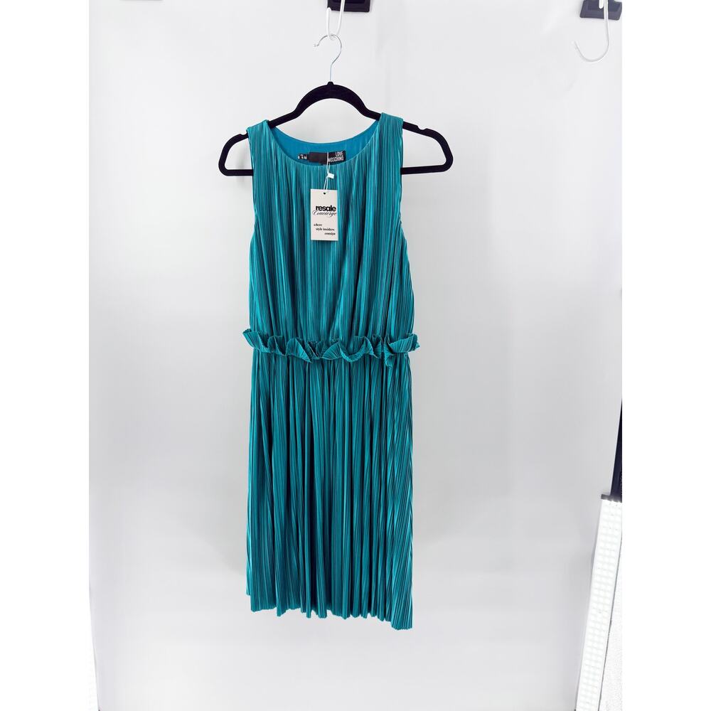Love Moschino Sleeveless Ruffle Trim Micro Pleated Mini Dress Teal Blue Womens 4